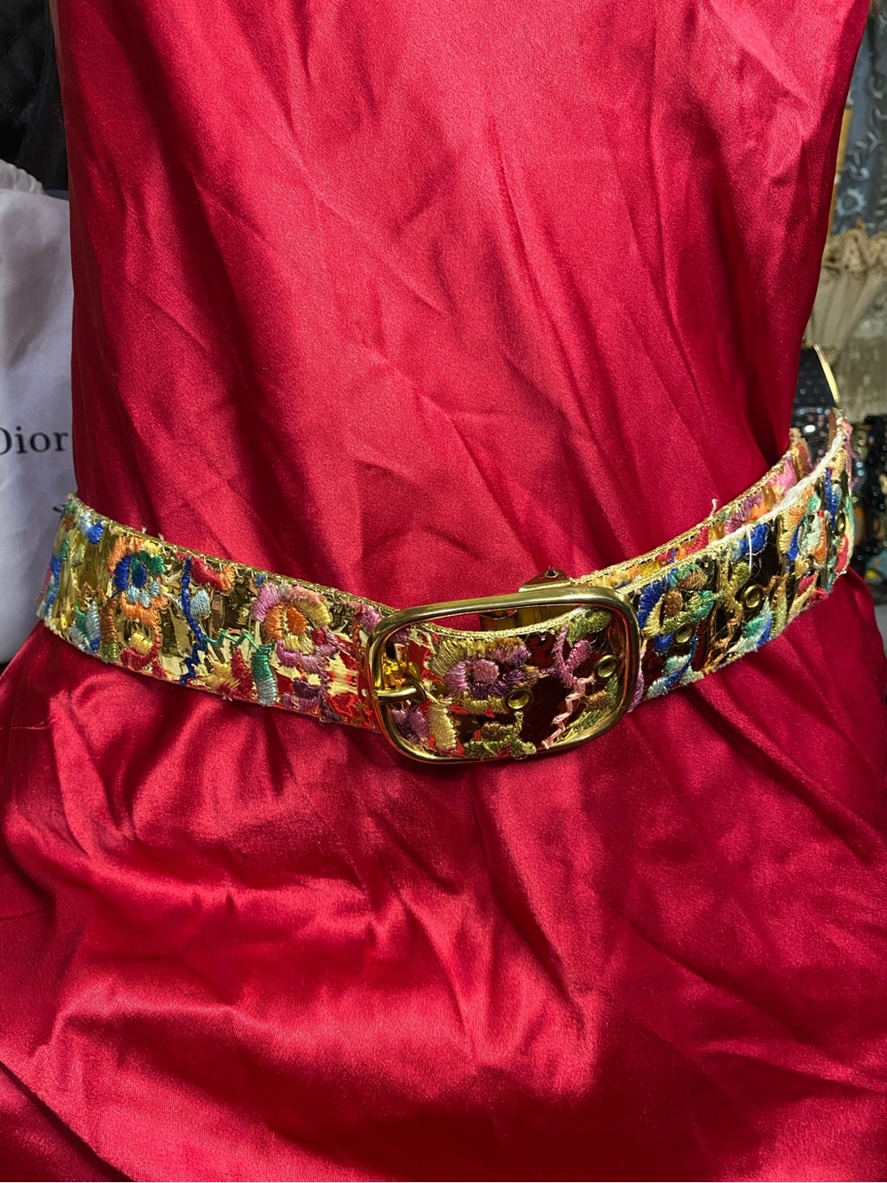 Vintage Gold-Tone Multicolor Embroidered Floral Belt